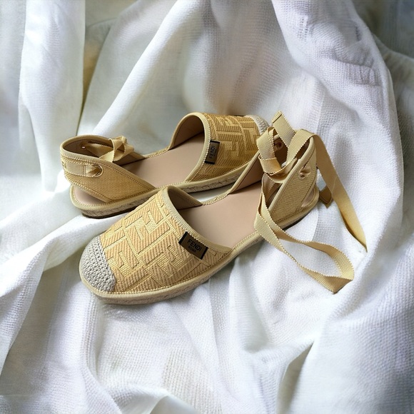 Fendi Yellow FF Logo Embroidered Fabric Ankle Wrap Espadrille Flats - Picture 3 of 7